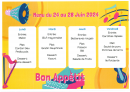 Menu de la cantine du Lundi 24 au Vendredi 28 juin 2024.